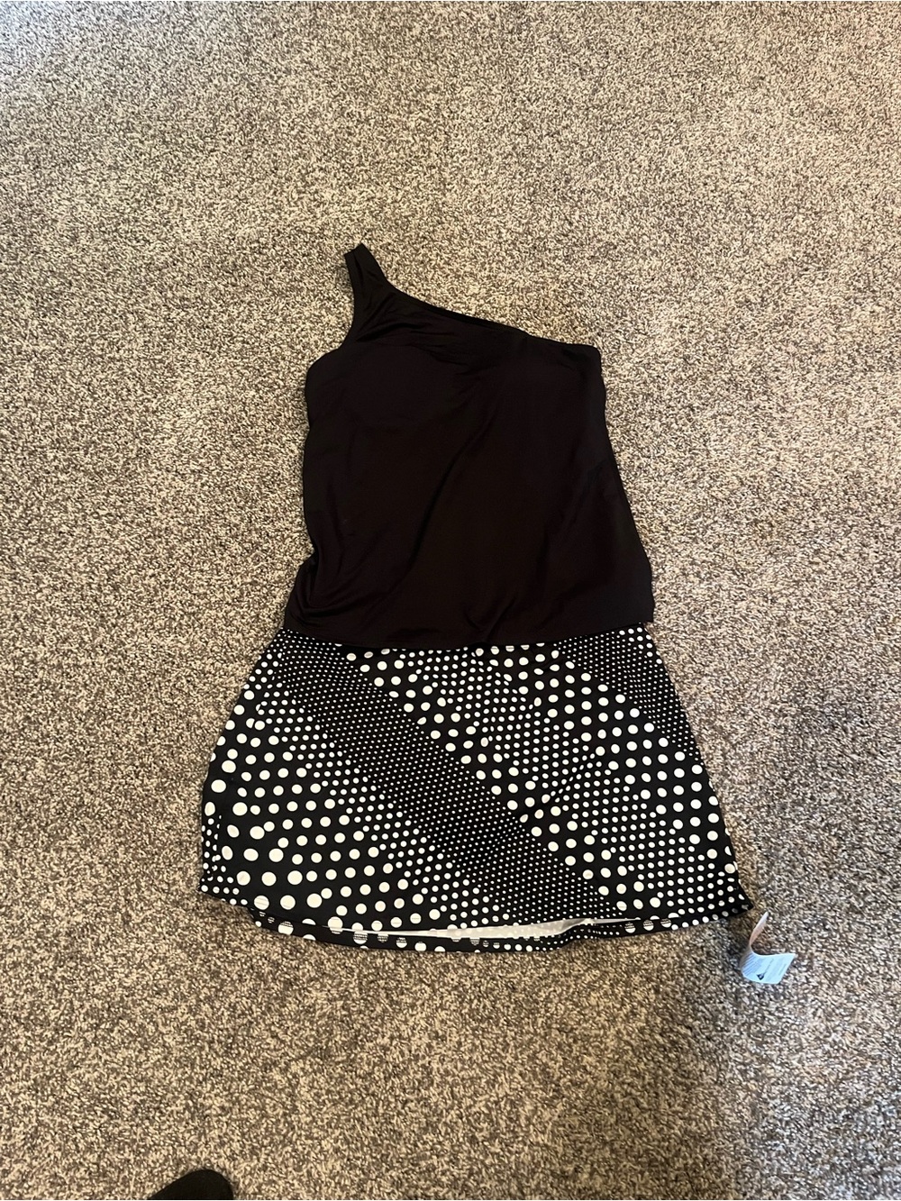 Lands' End Black One-Shoulder Swim suit with Black & White Polka Dot Skirt